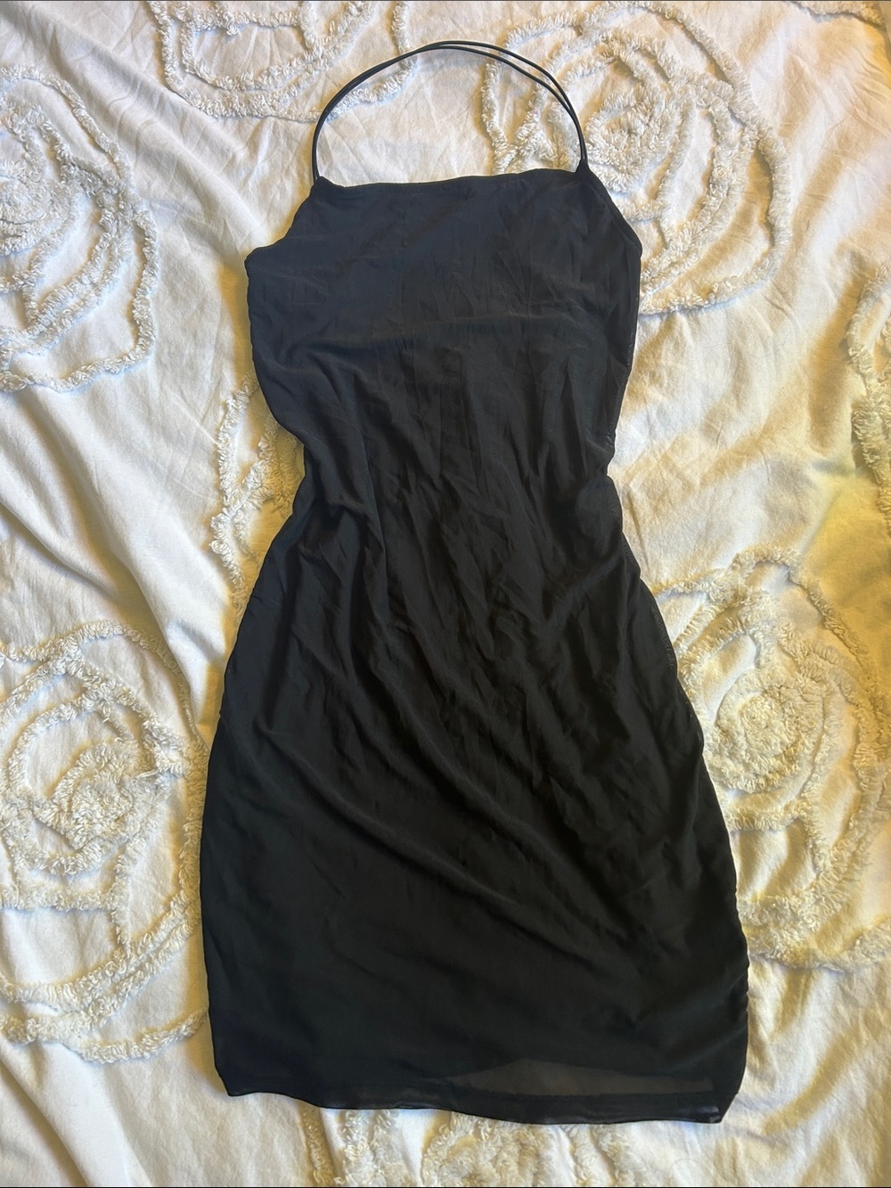 Divided Black Mini Slip Dress with Thin Straps